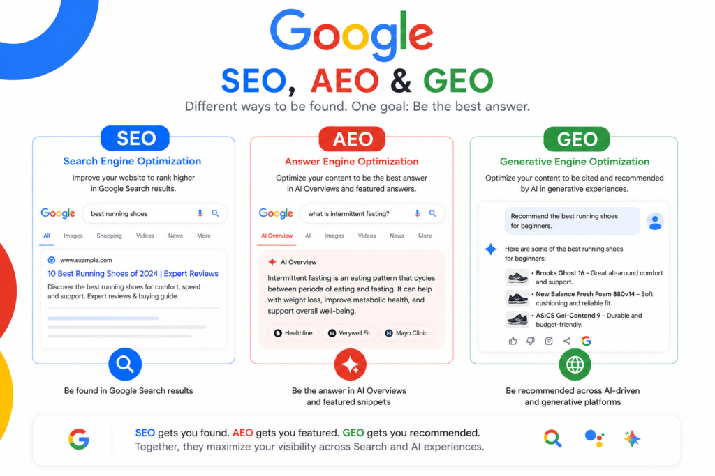 image showing the difference between SEO, AEO and GEO with examples